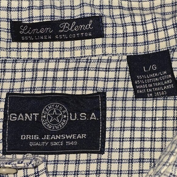GANT LINEN BLEND MENS SHORT SLEEVE BUTTON DOWN BLUE WHITE CHECKED SIZE LARGE - Picture 7 of 7